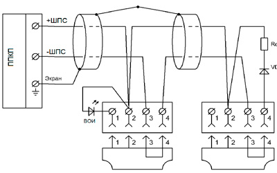 Рис.2. Схема подключения извещателей АРТОН-ИПД-3.1M к ППКП со знакопеременным питанием ШПС