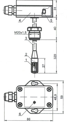 Рис.1. Габаритные размеры преобразователя влажности DV-UT-08a-SHT-320-Z